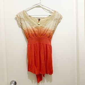 NWT Free People Lace Scalloped Sleeve Floral Tie Blouse Coral Cream XS